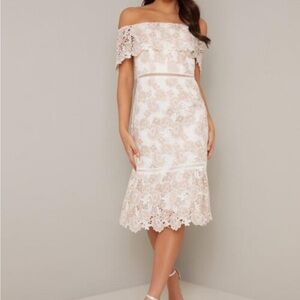 NWT Chi Chi London Remie Bardot OTS Crochet Blush & White Lace Dress US 12